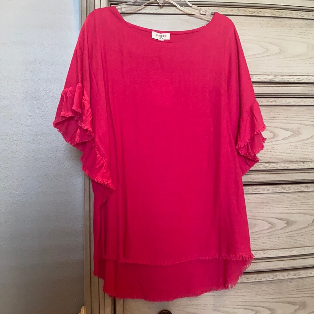 Umgee Pink Linen Ruffle Sleeve Top - Picture 4 of 10